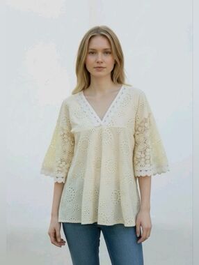 MISSLOOK Boho Eyelet Embroidered Bello Sleeve Blouse Size Large